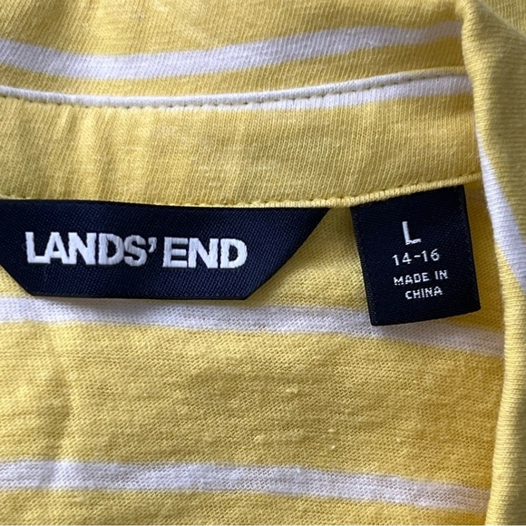 Lands End Yellow Striped Split Neck Polo Shirt Linen Blend Size Large Top 14/16 - Picture 3 of 11